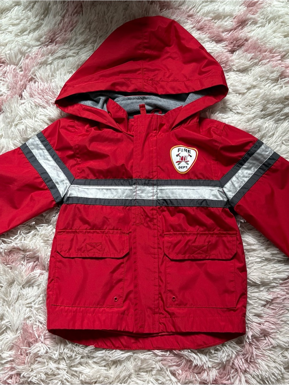 London Fog Kids Red Hooded Fire Dept Raincoat with Reflective Stripes